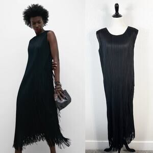 Adolfo Dominguez Women’s Black Recycled Polyester Crinkle Fringe Dress Medium